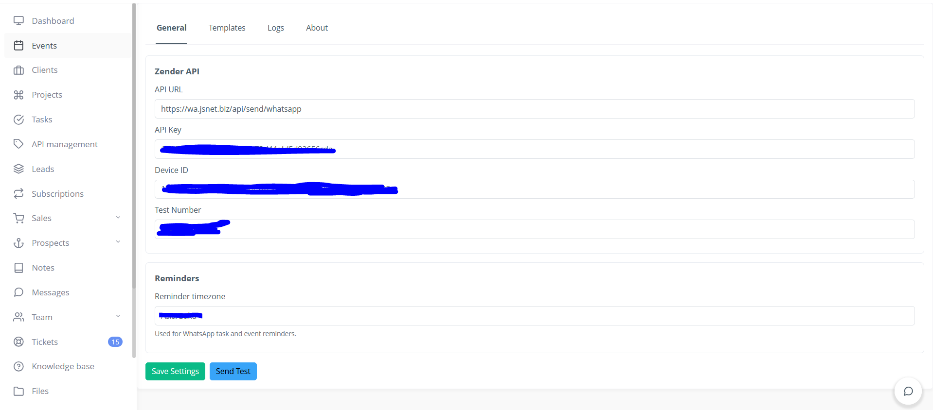 RISE CRM WhatsApp plugin settings page